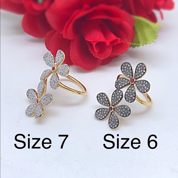Sale! Oxidized Diamond Double Flower Knuckle to Knuckle Ring w/Ruby Center, NWT - Picture 5 of 8